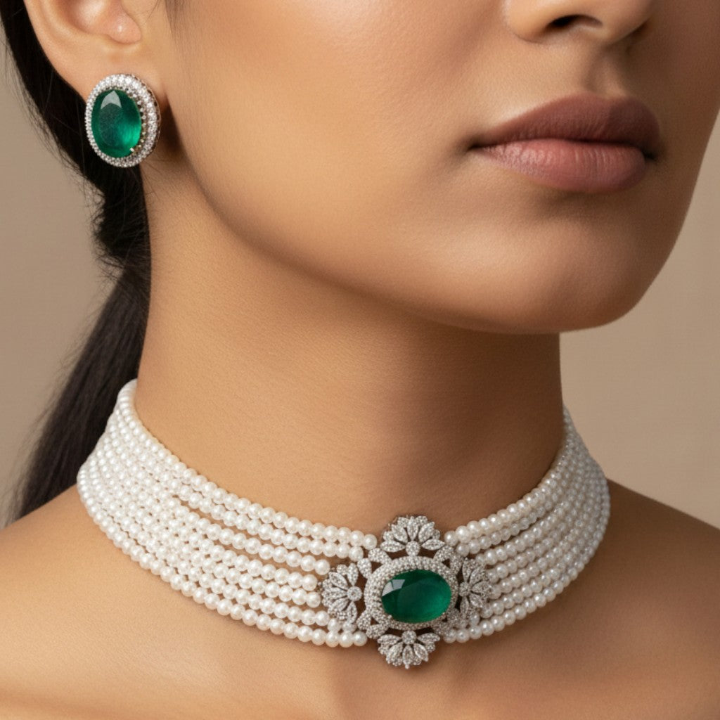 Regal Emerald Pearl Choker Set