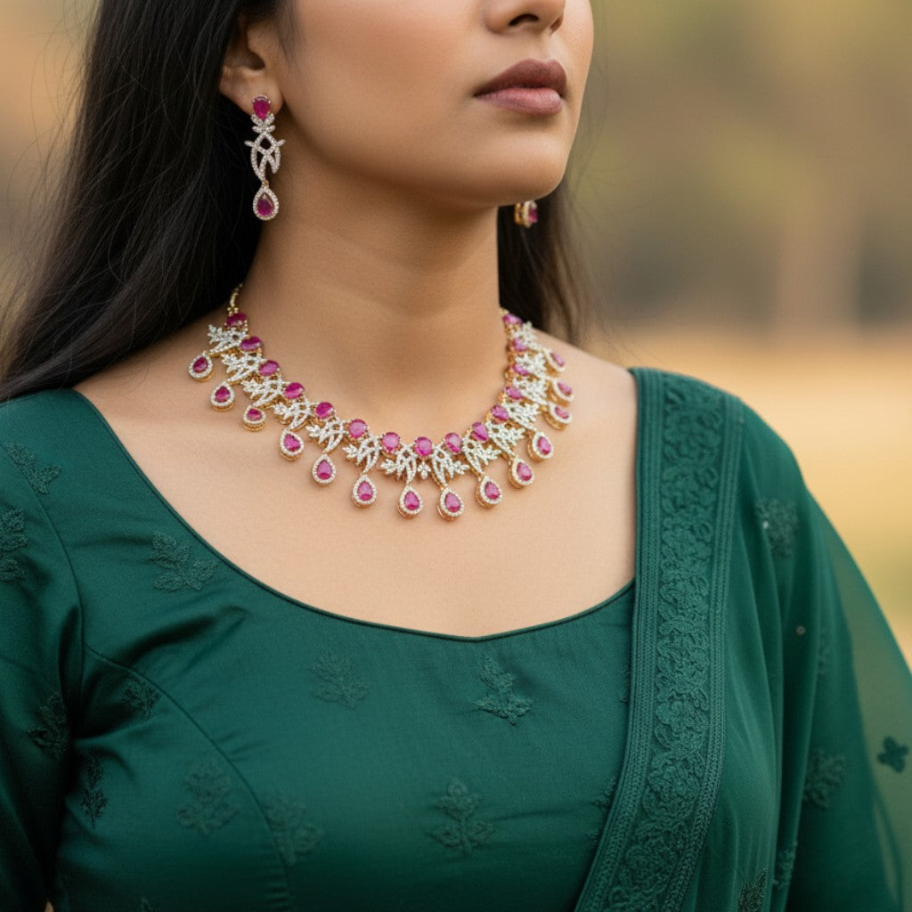 Ruby Blossom American Diamond Necklace Set