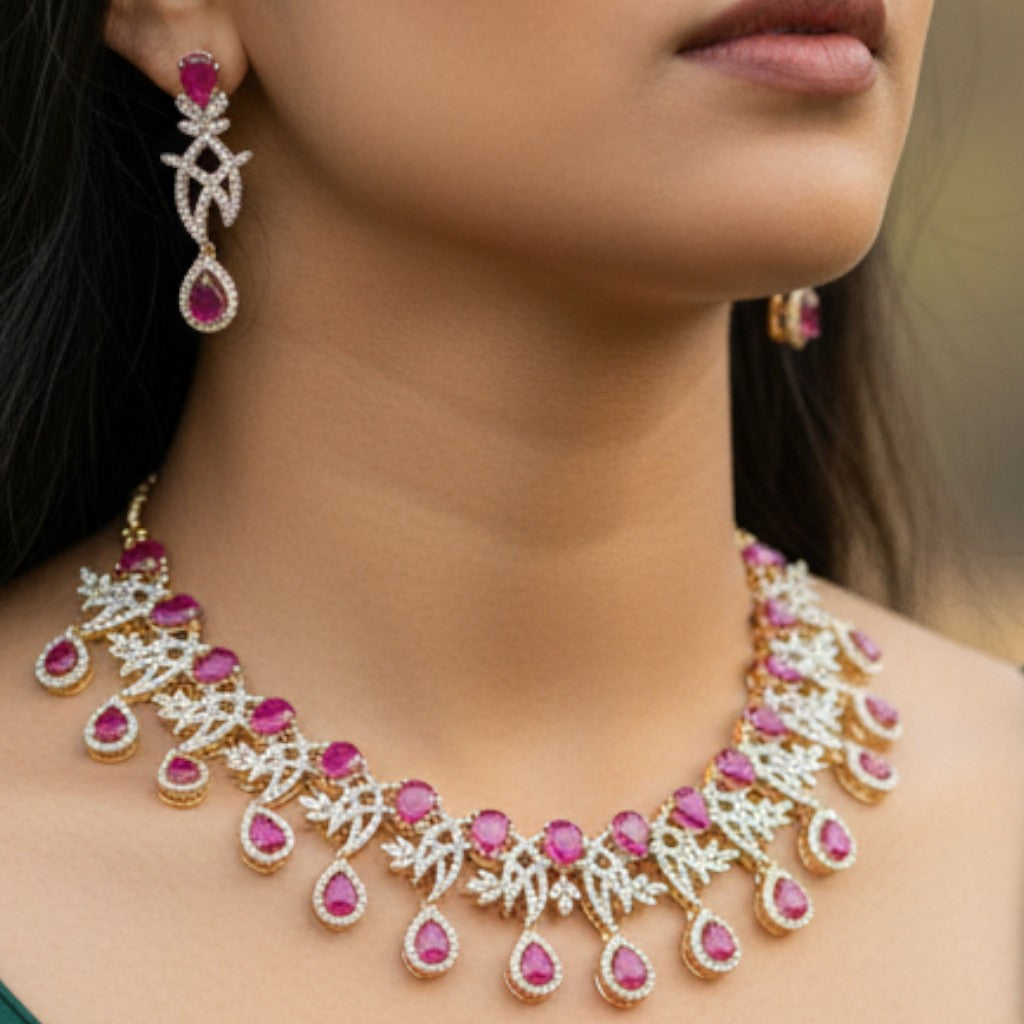 Ruby Blossom American Diamond Necklace Set