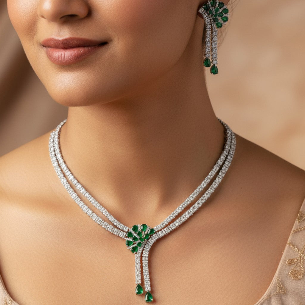 Royal Emerald American Diamond Necklace Set