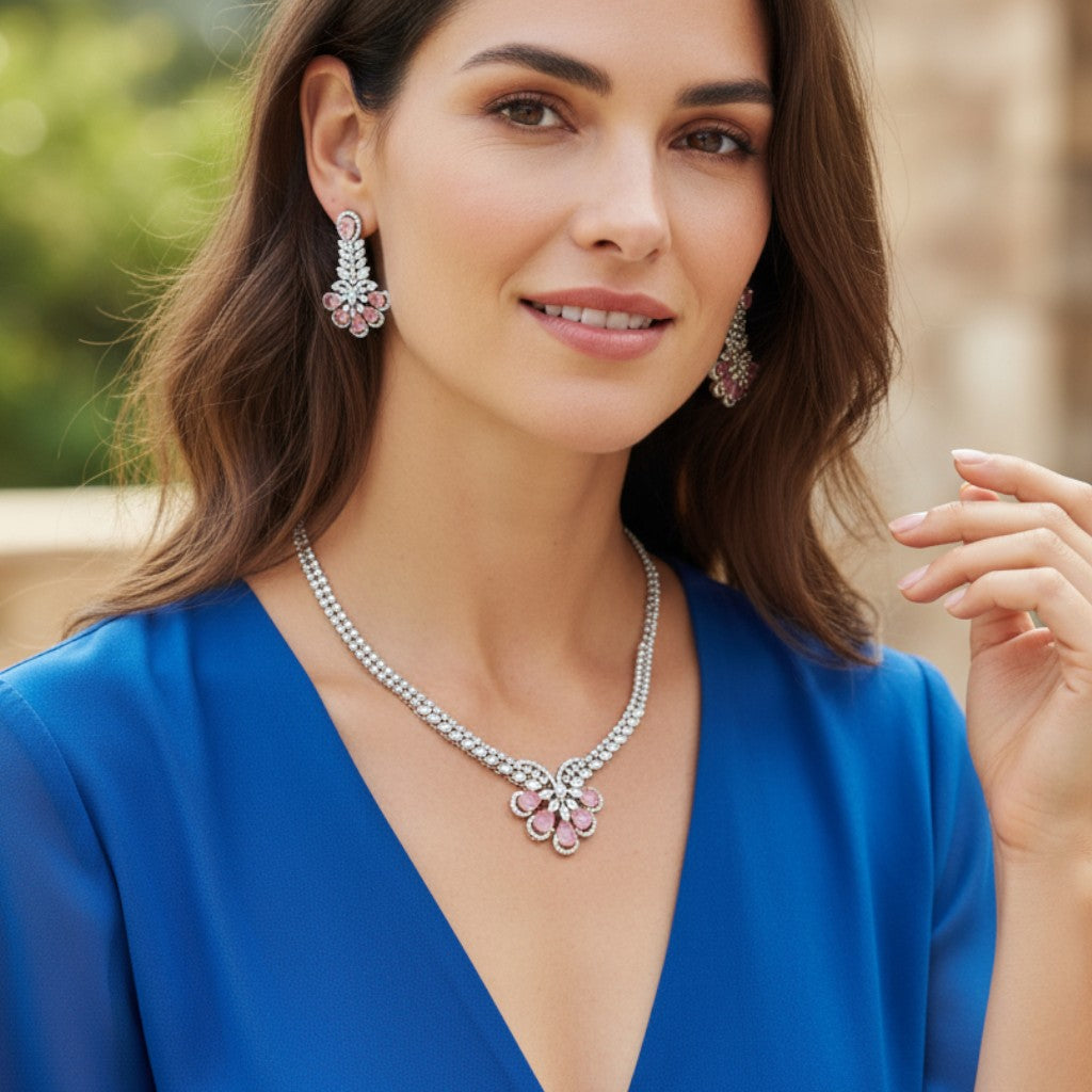 Floral Pink Stone Necklace Set