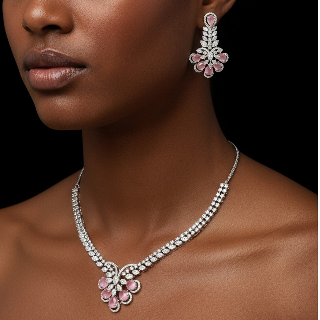 Floral Pink Stone Necklace Set