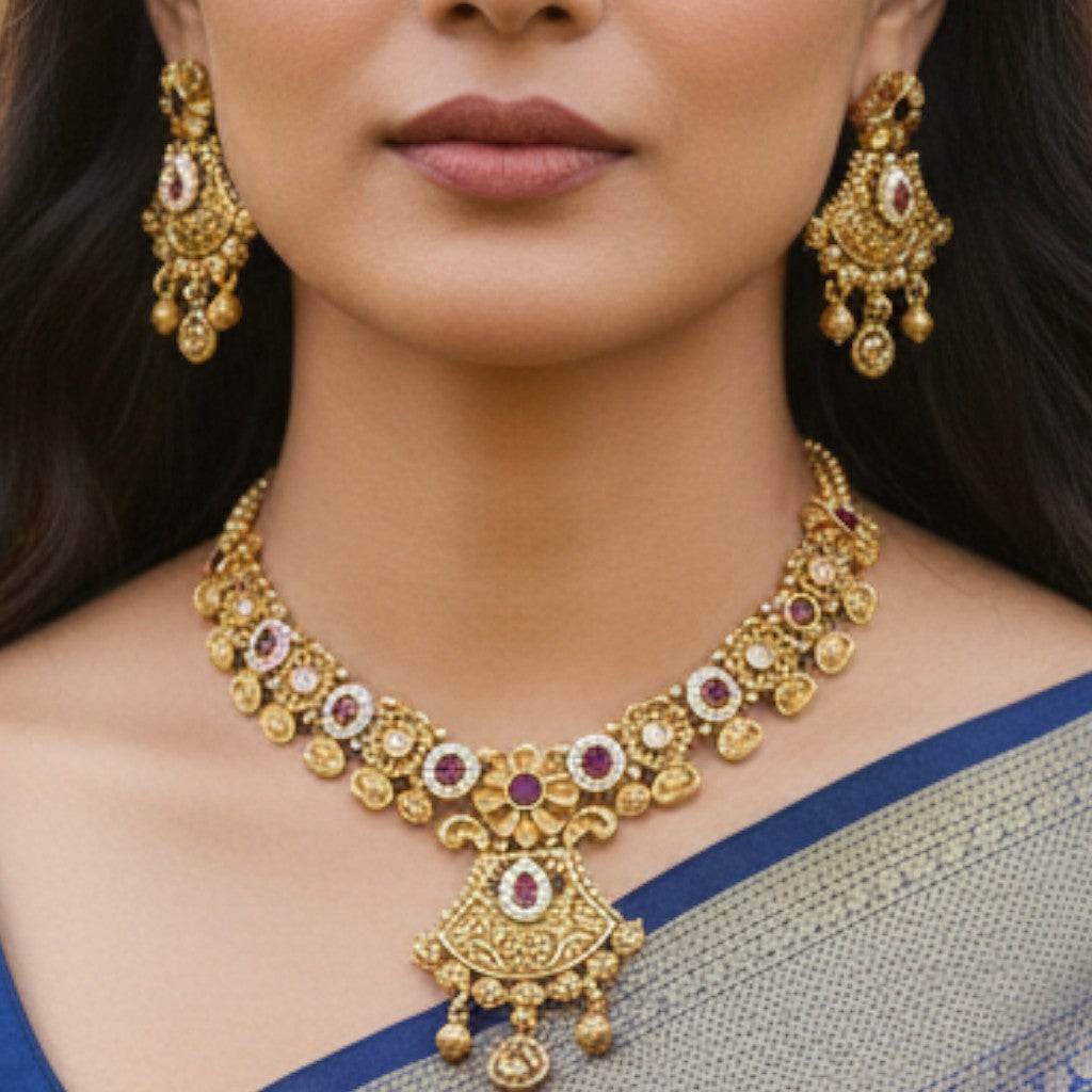 Floral Temple Coin Necklace Set with Kundan Highlights