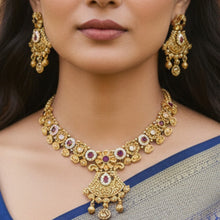 Floral Temple Coin Necklace Set with Kundan Highlights