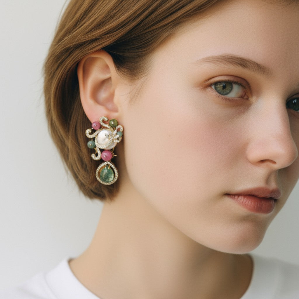Ethereal Pearl & Tourmaline Art Deco Drops