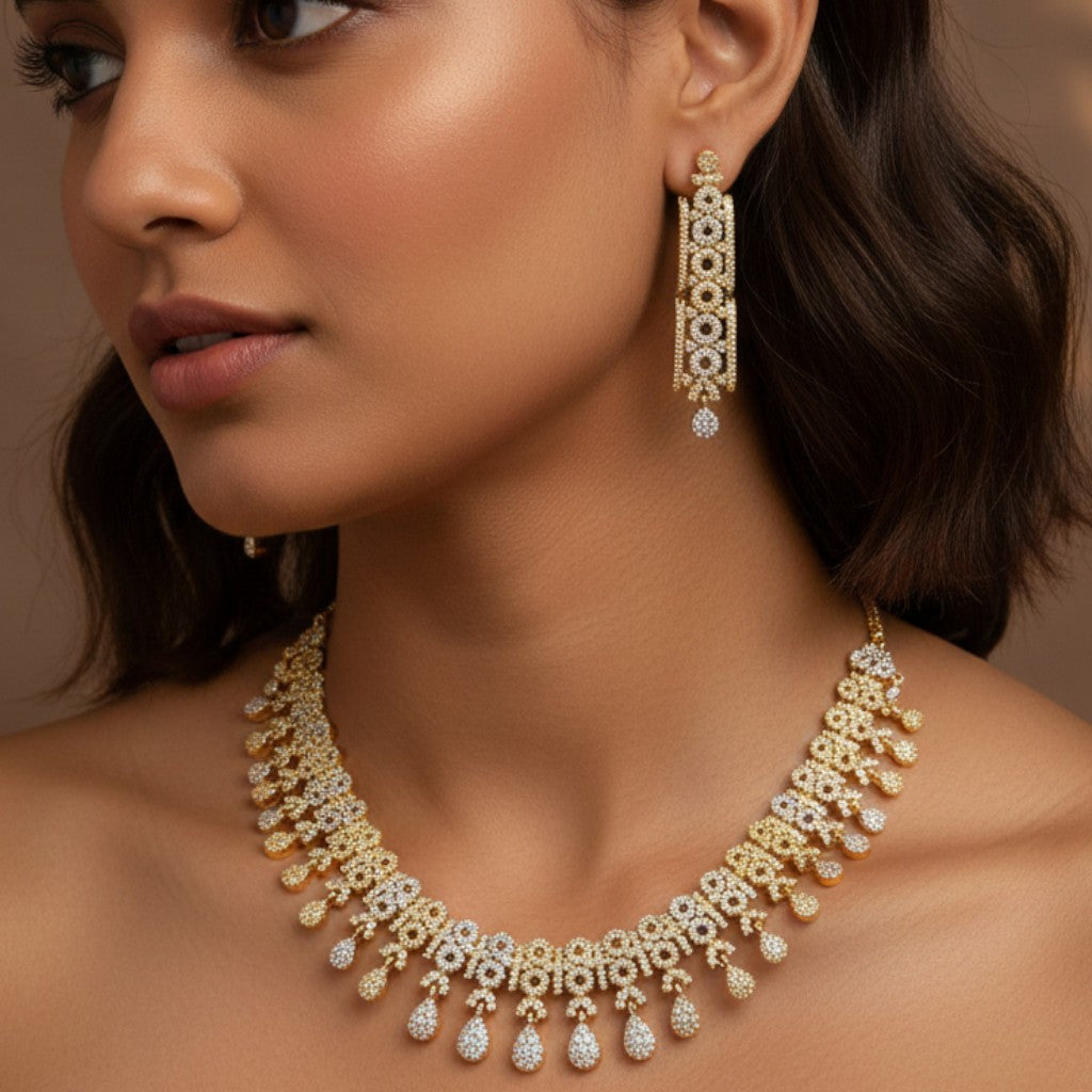 Gold-Toned American Diamond Necklace and Earring Set