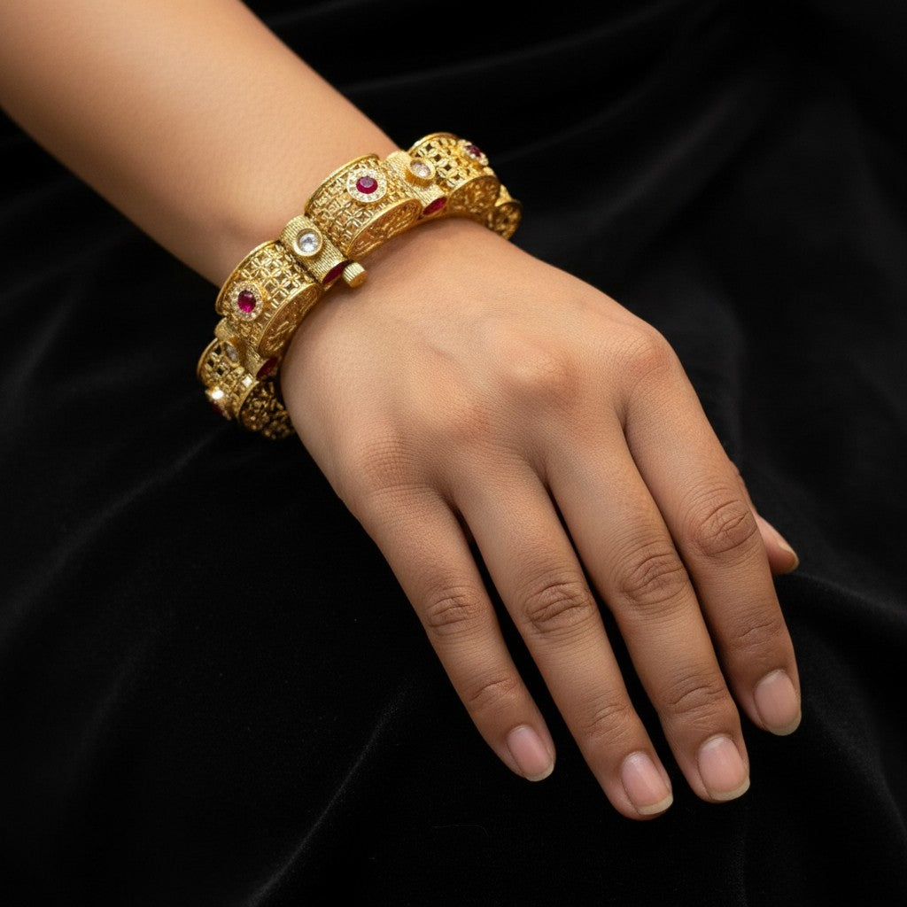 Regal Filigree Ruby & Pearl Kada Bangles