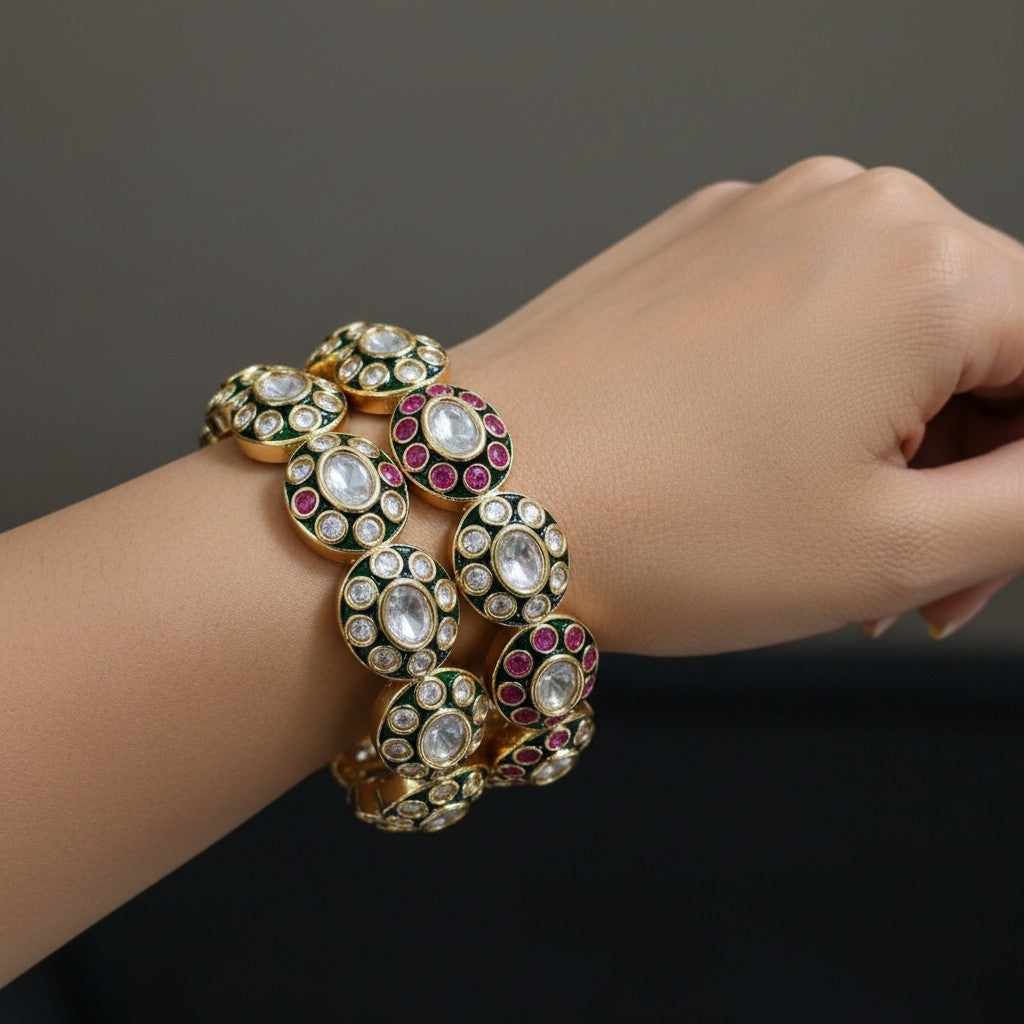Ruby & Kundan Oval-Linked Statement Bangles