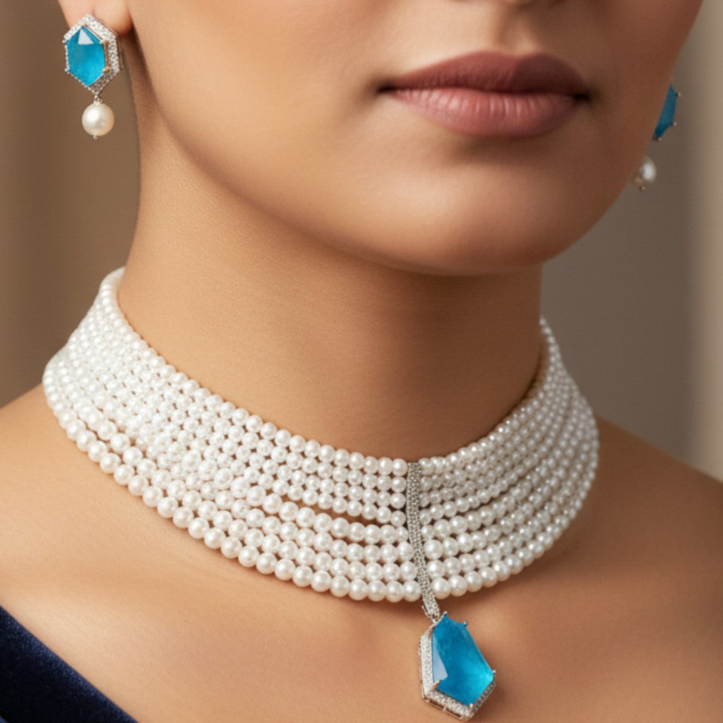 Azure Hexa Pearl Choker Set