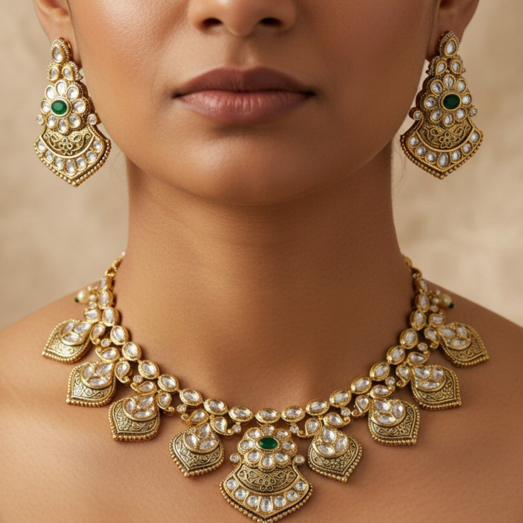 Emerald Chakra Kundan Bridal Necklace Set