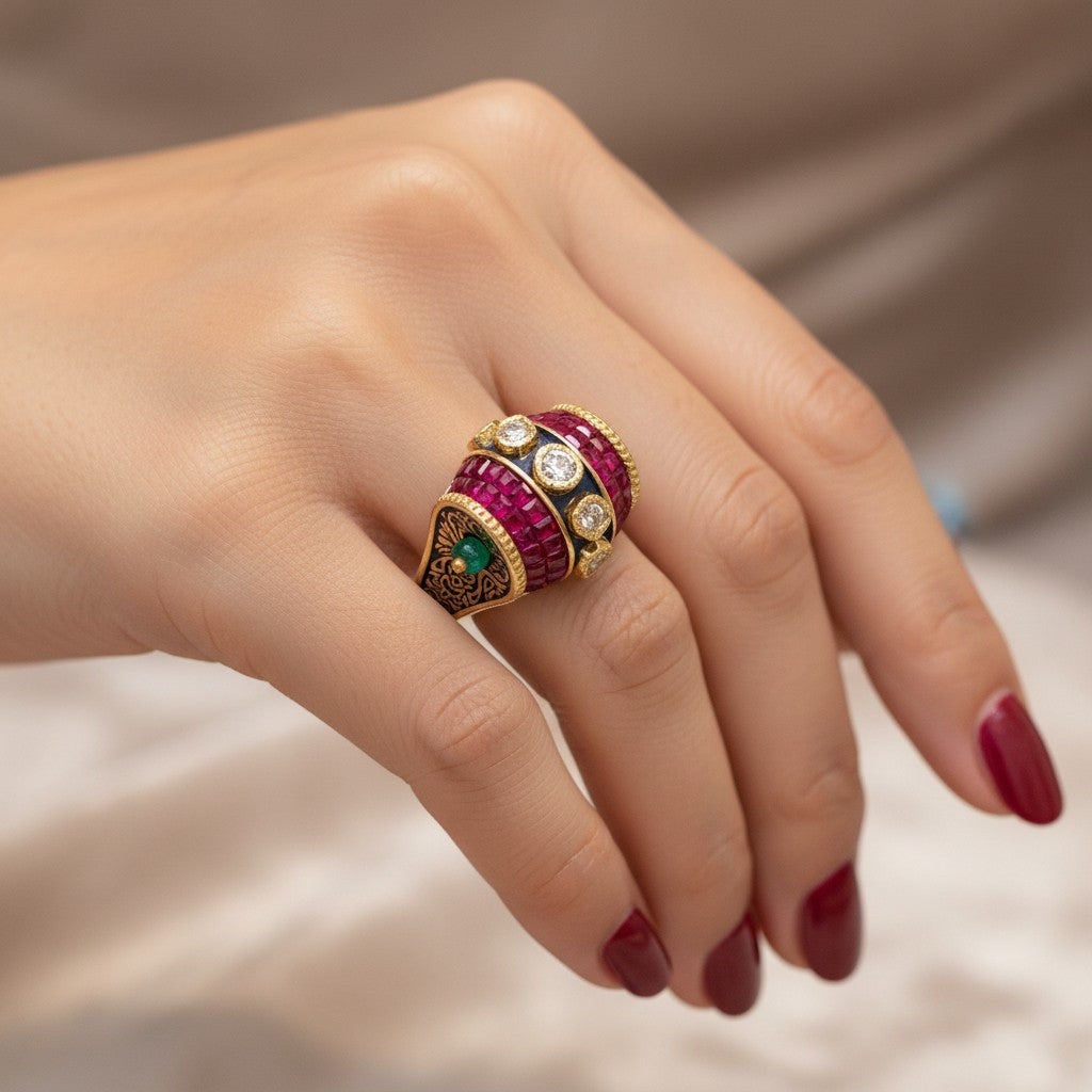 Ruby Meenakari Dual-Band Kundan Ring