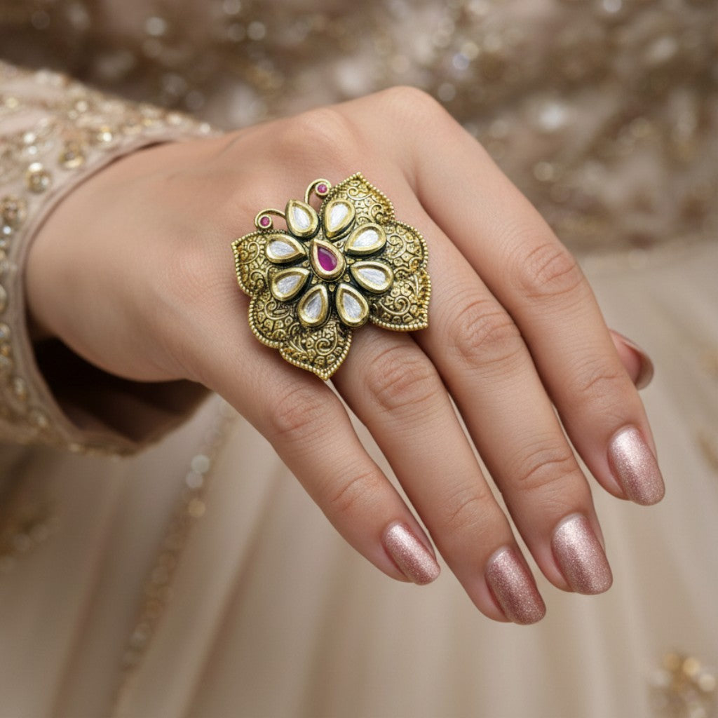 Antique Ruby Petal Kundan Statement Ring