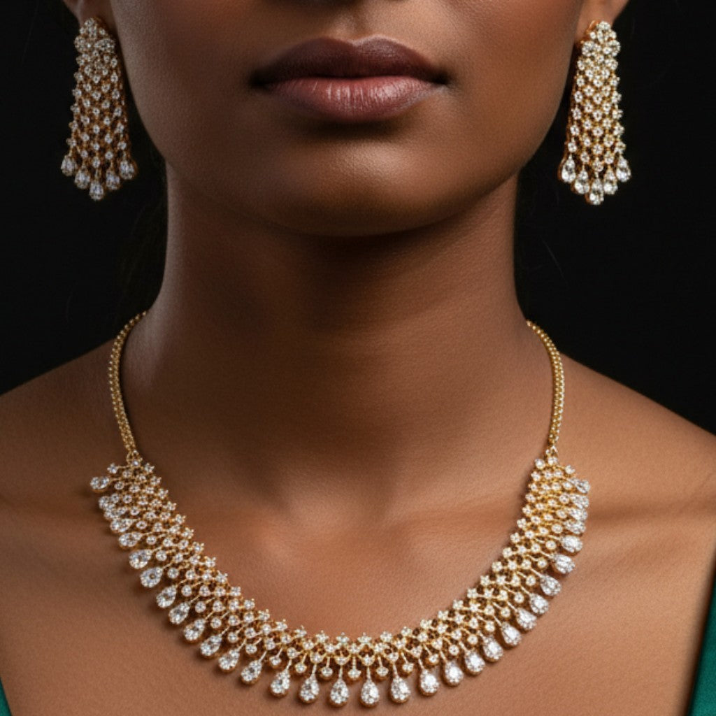 Gold-Toned Zircon Cascade Necklace Set
