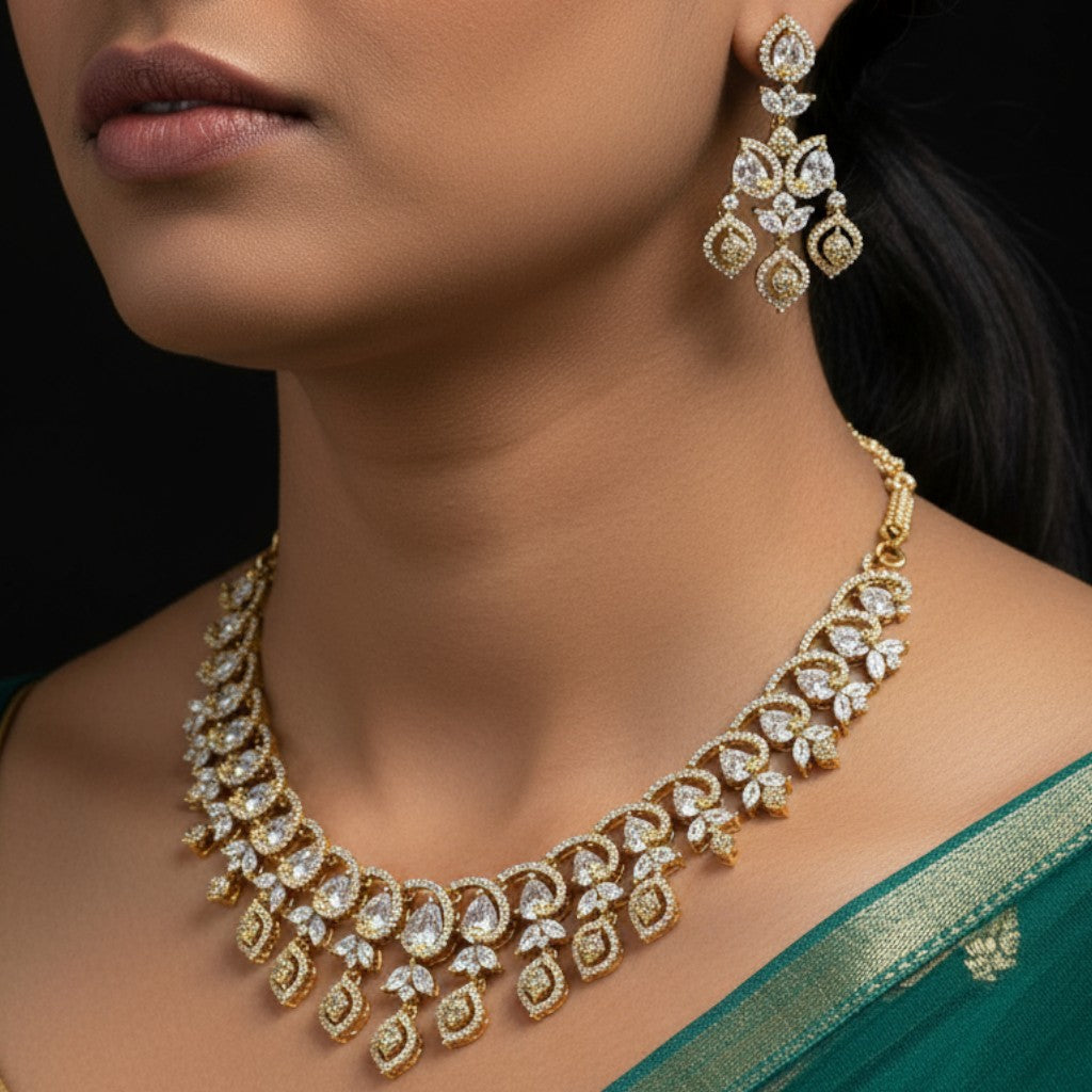 Royal Leaf American Diamond Necklace Set