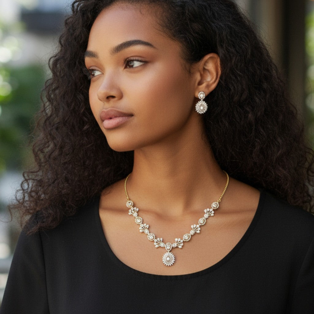 Gold-Plated Floral CZ Necklace Set