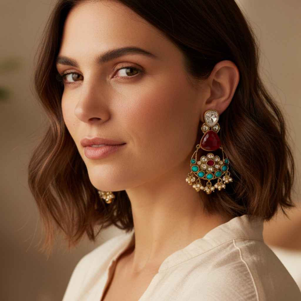 Turquoise & Ruby Kundan Chandbalis