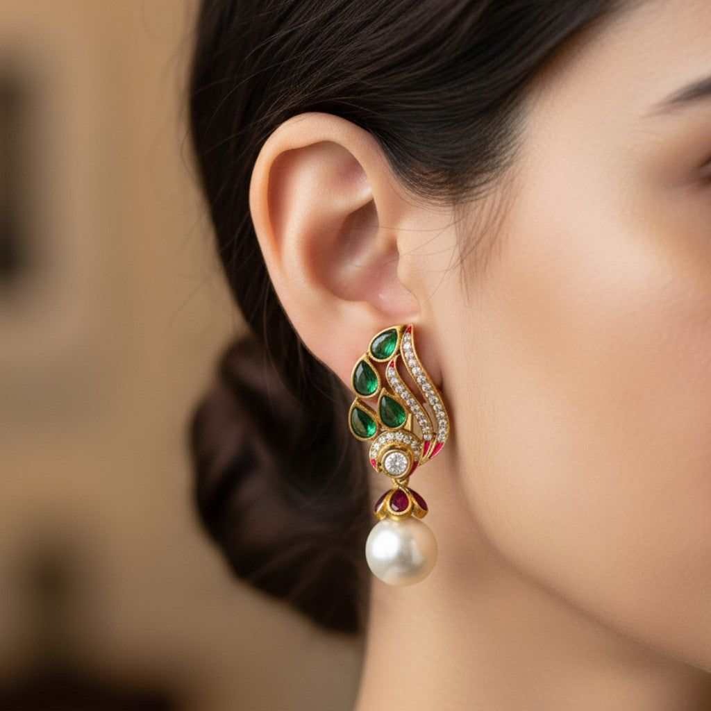 Emerald Plume Pearl Earrings