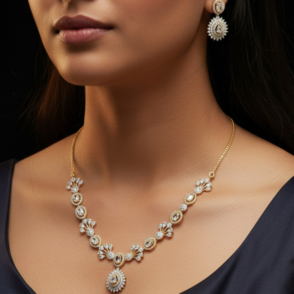 Gold-Plated Floral CZ Necklace Set