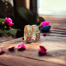 Antique Golden Bangles with Intricate Detailing  & Red Gemstones
