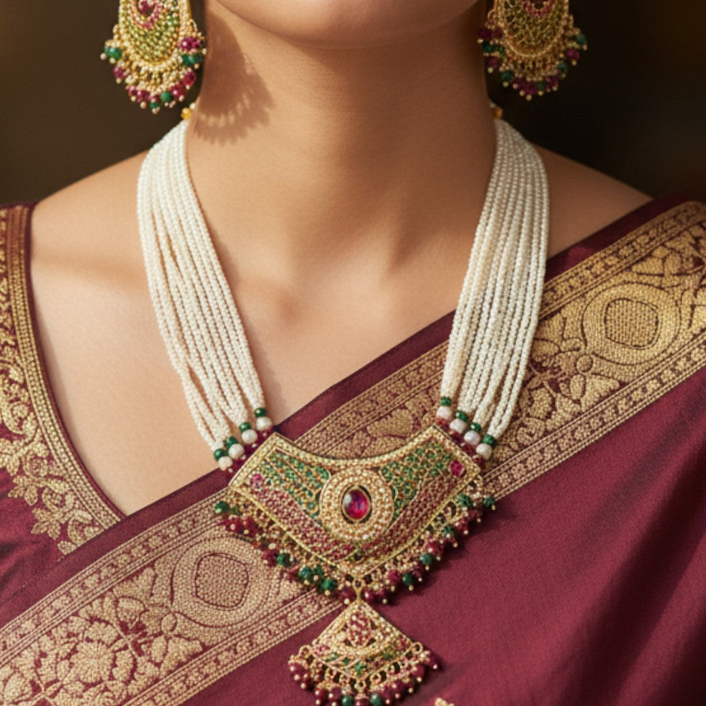 Regal Jadau and Pearl Temple Necklace Set