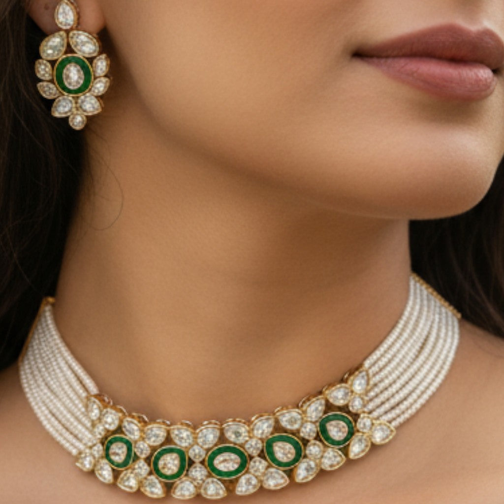 Emerald and Kundan pearl choker set