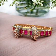 Ruby and American Diamond Studded Golden Bangle with Floral Clasp