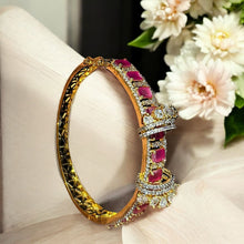 Ruby and American Diamond Studded Golden Bangle with Floral Clasp