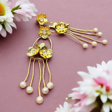 Gold Toned Floral Pearl Drop Earrings