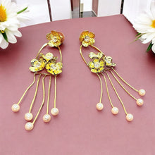 Gold Toned Floral Pearl Drop Earrings
