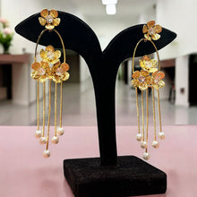 Gold Toned Floral Pearl Drop Earrings