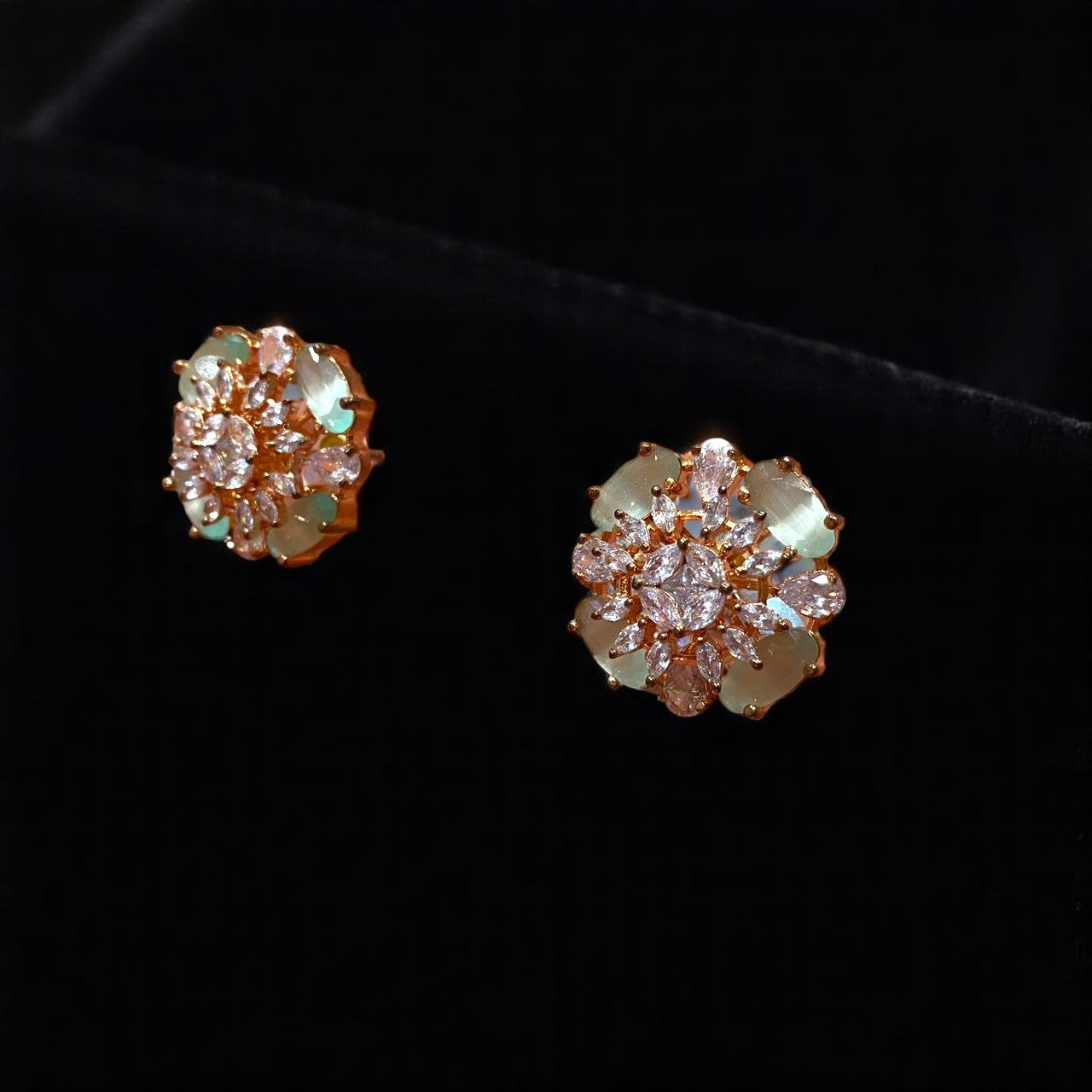 Mint Crystal Floral Stud Earrings