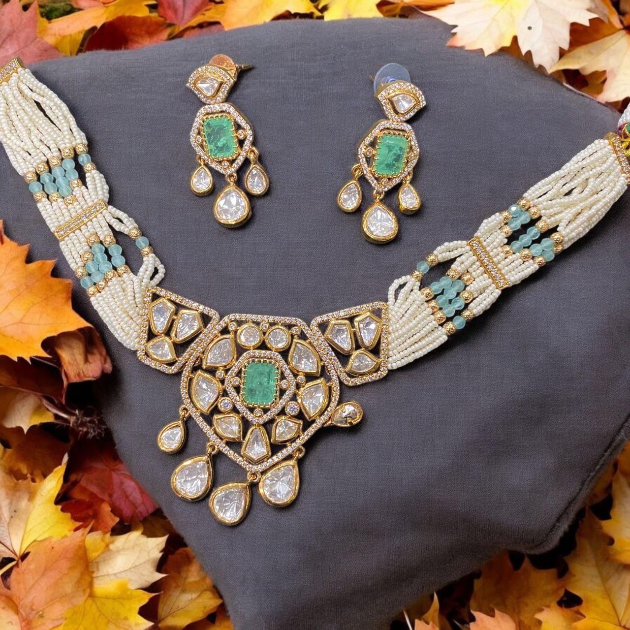 Kundan and Emerald Beaded Bridal Necklace Set