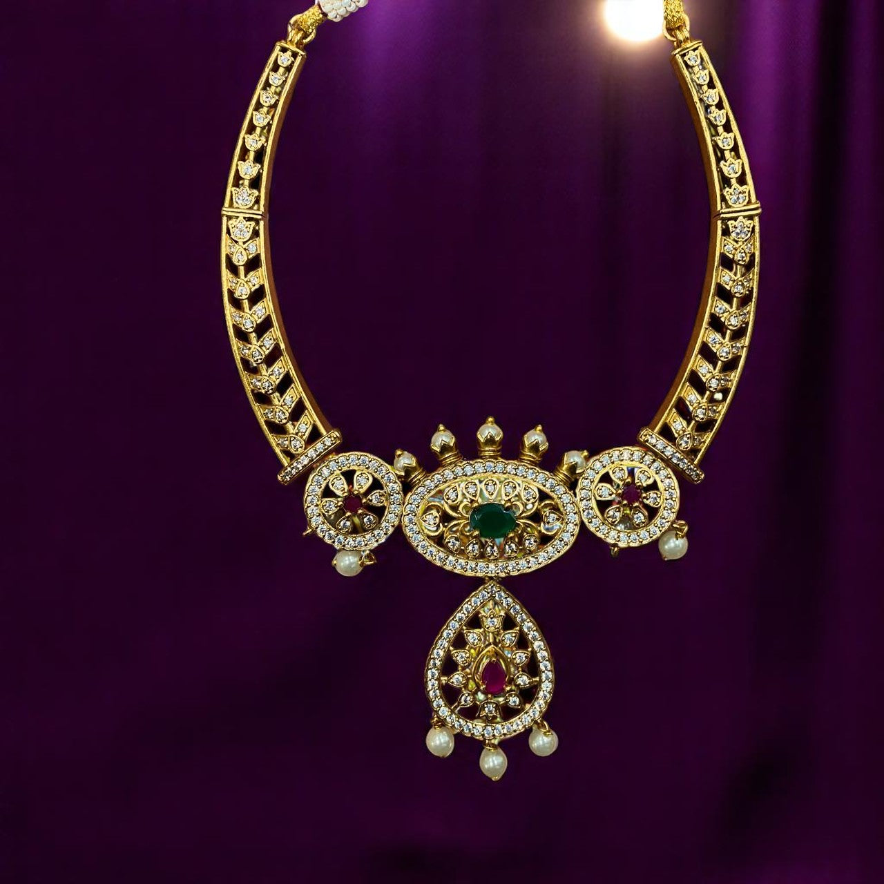Kundan-Style Gold Necklace Set with Pearl Drops