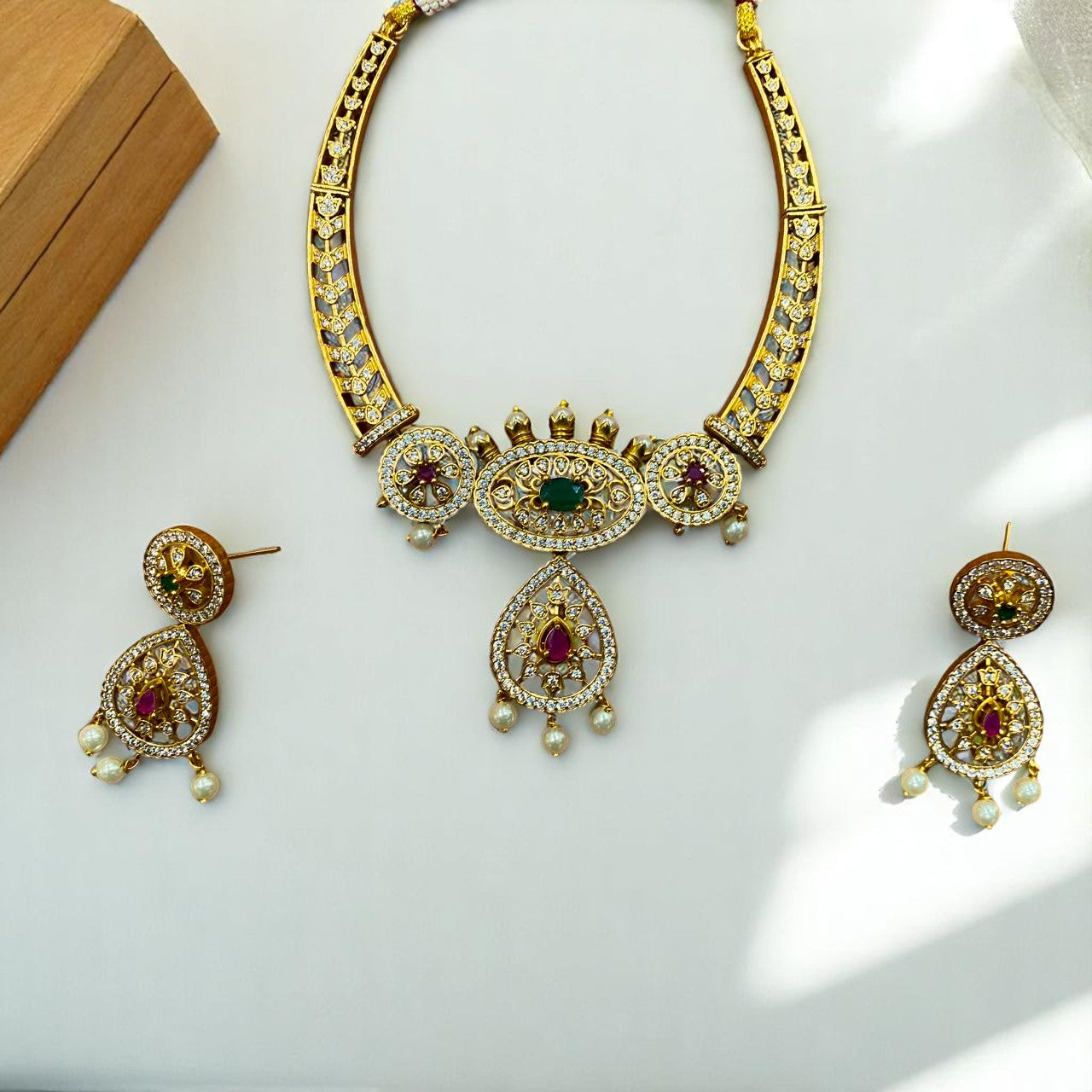 Kundan-Style Gold Necklace Set with Pearl Drops