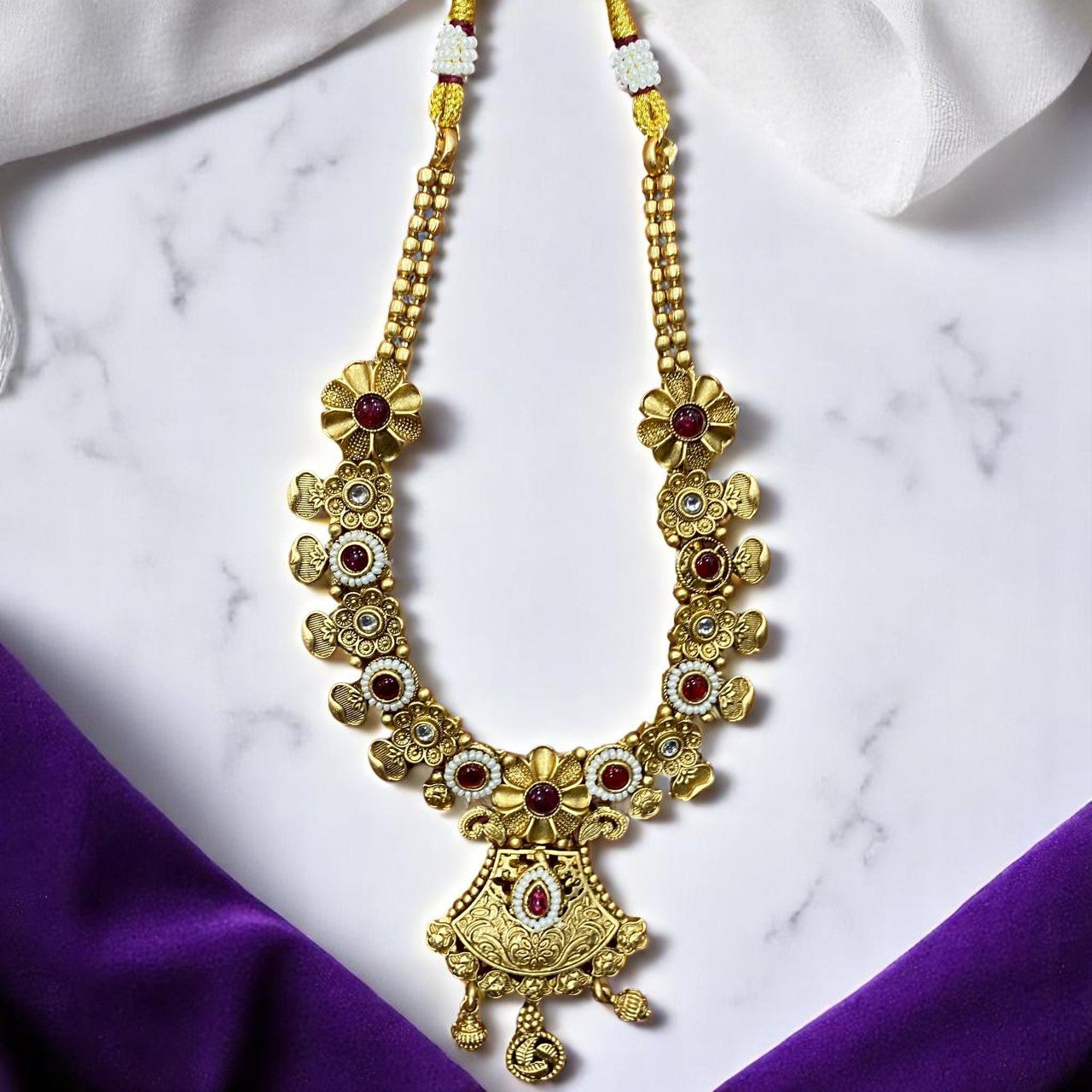 Floral Temple Coin Necklace Set with Kundan Highlights