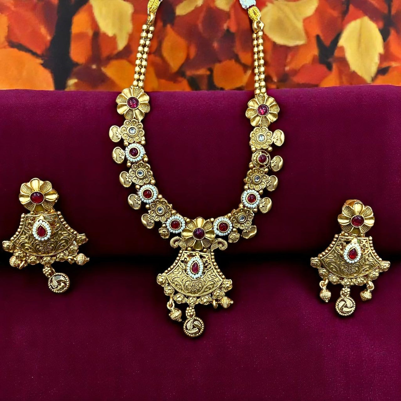 Floral Temple Coin Necklace Set with Kundan Highlights