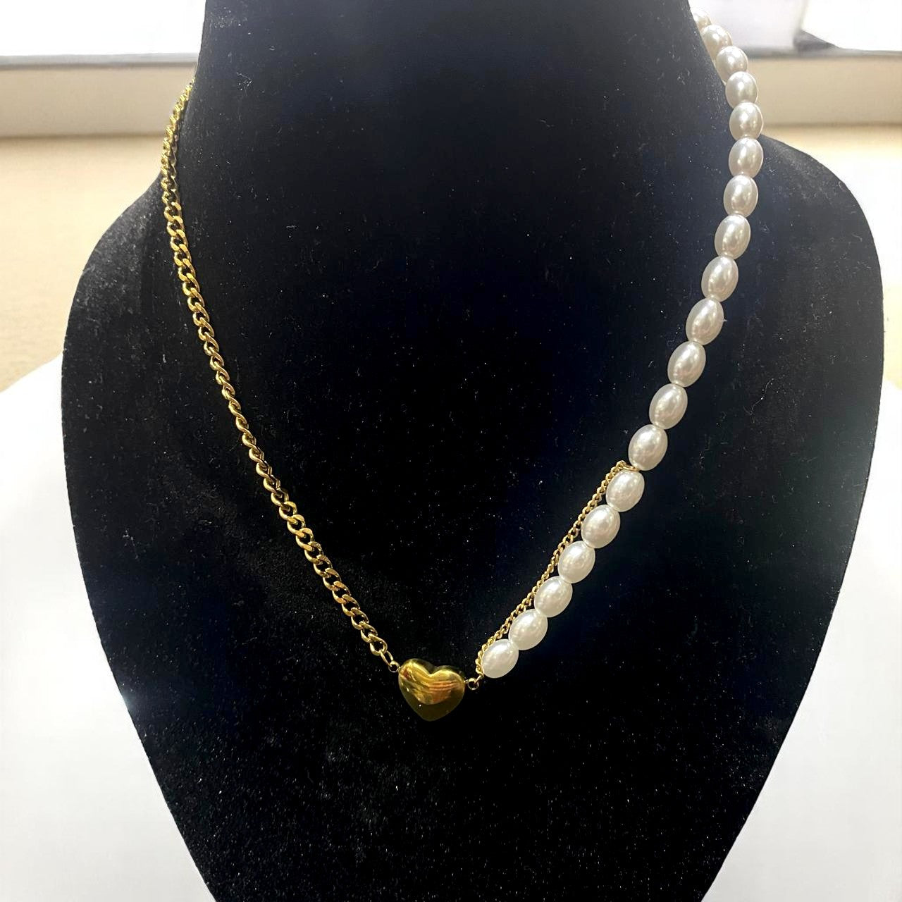 Dual-Tone Pearl & Chain Heart Necklace
