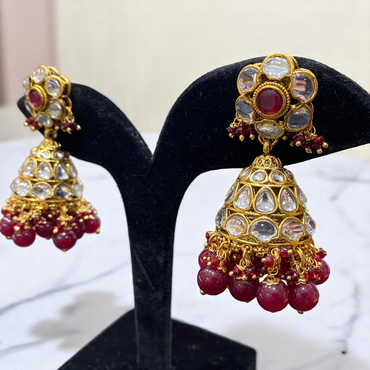 Ruby Kundan Jhumkas with Polki Work