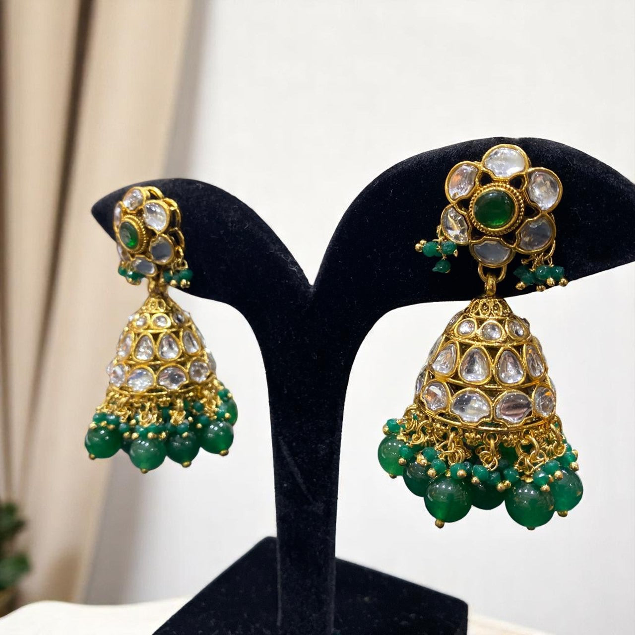 Emerald Kundan Jhumkas with Polki Work