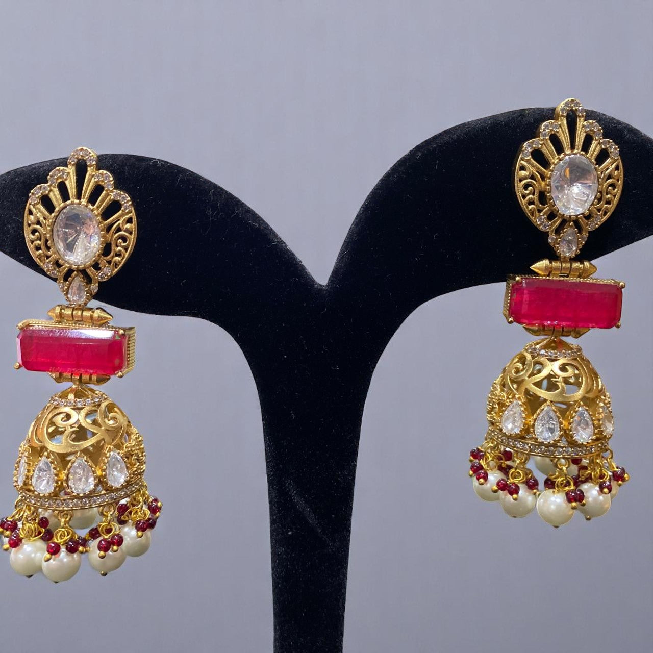 Ruby Radiance Jhumkas with Pearl Drops