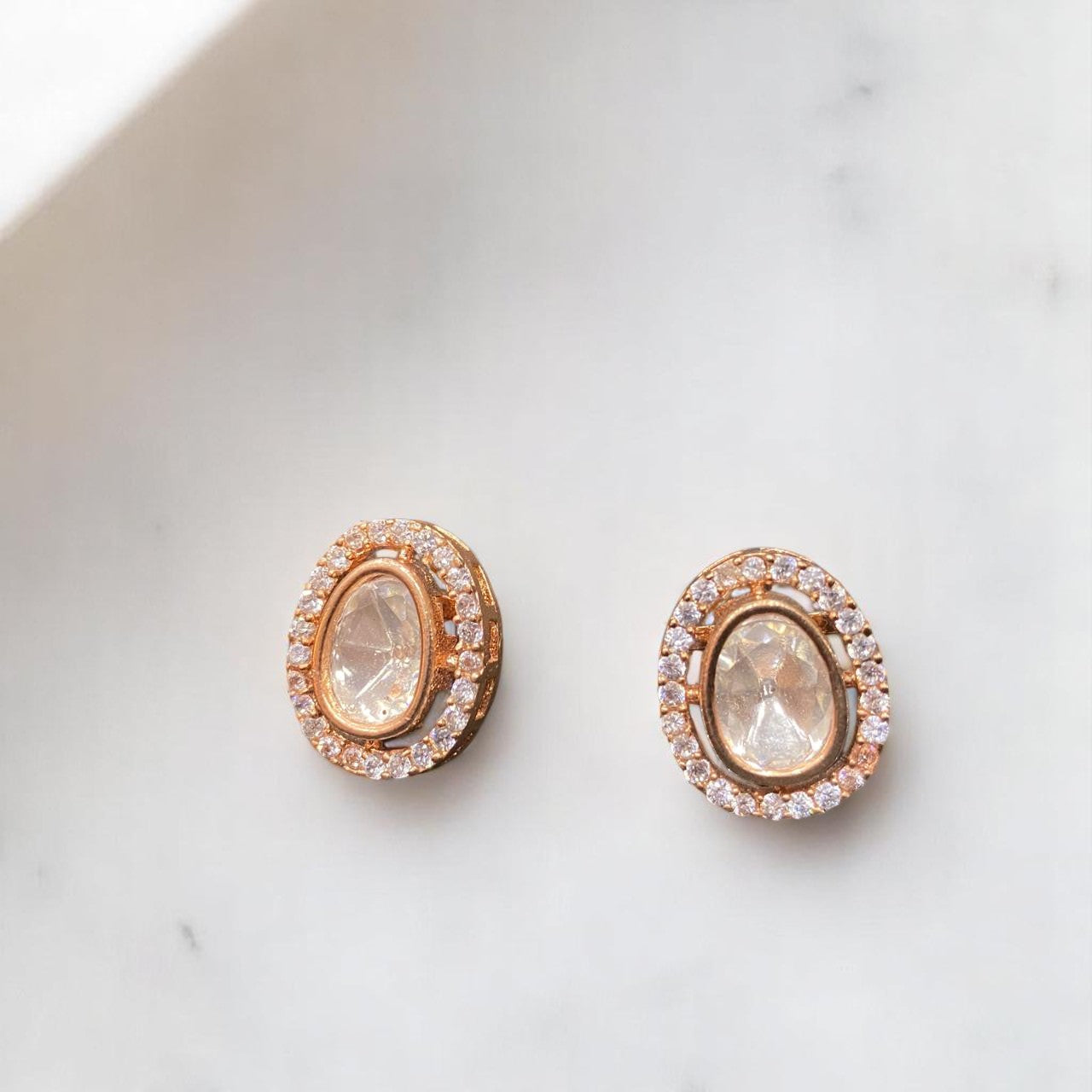 Rose Gold Oval Stud Earrings with Clear Crystal Center