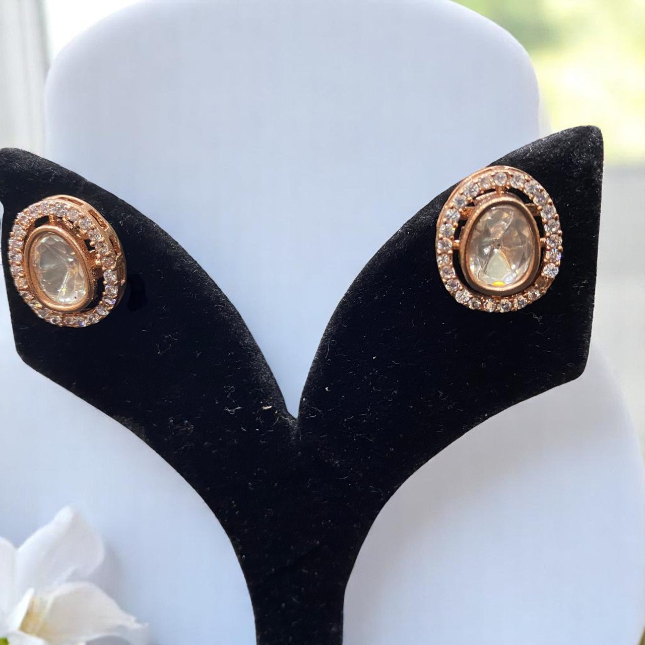 Rose Gold Oval Stud Earrings with Clear Crystal Center