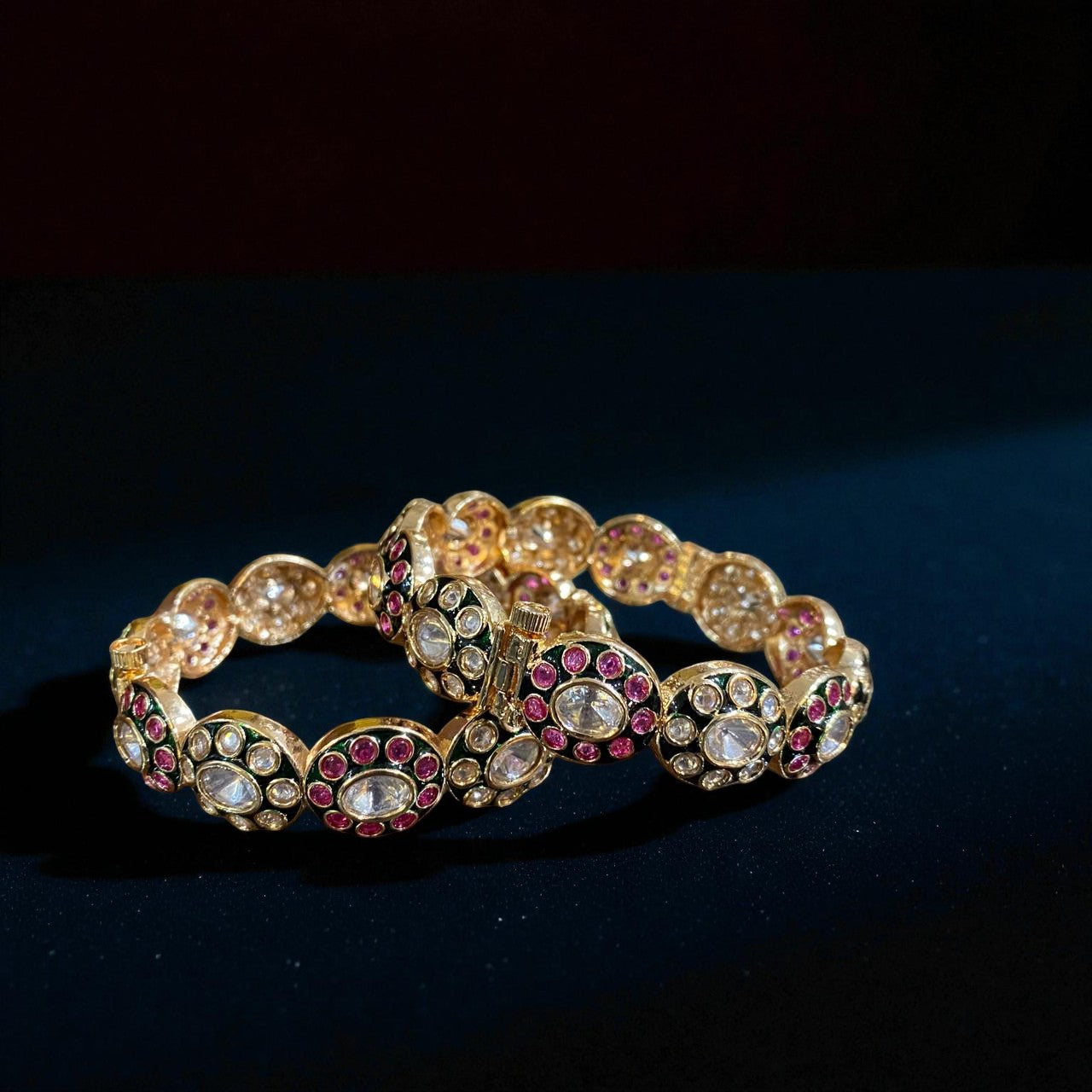 Ruby & Kundan Oval-Linked Statement Bangles