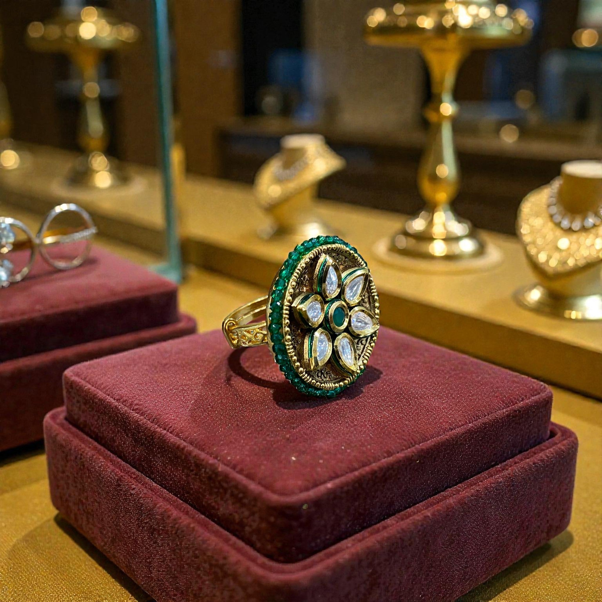 Green Kundan Floral Adjustable Ring
