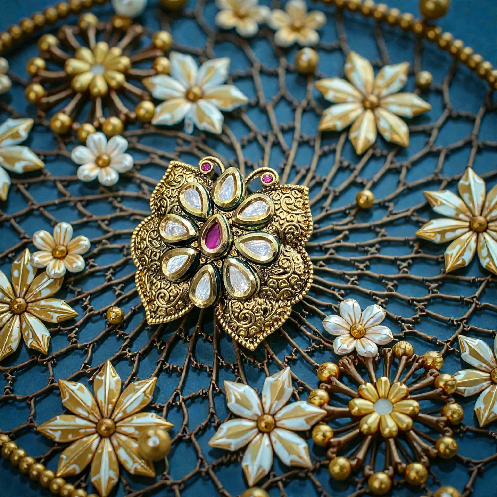 Antique Ruby Petal Kundan Statement Ring