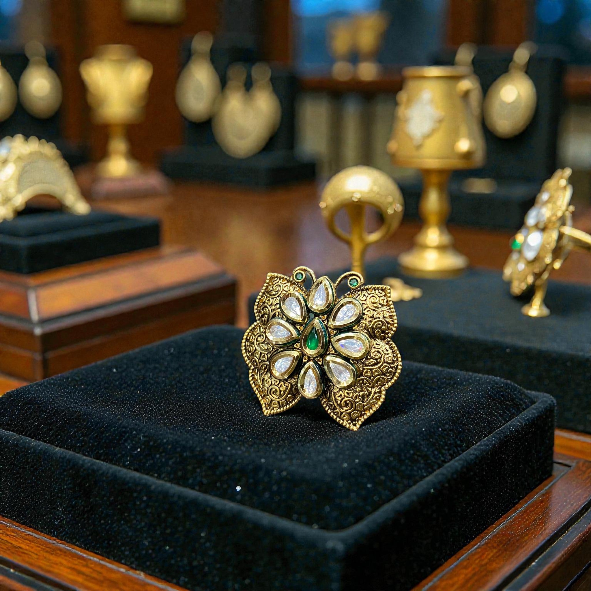 Antique Emerald Petal Kundan Statement Ring
