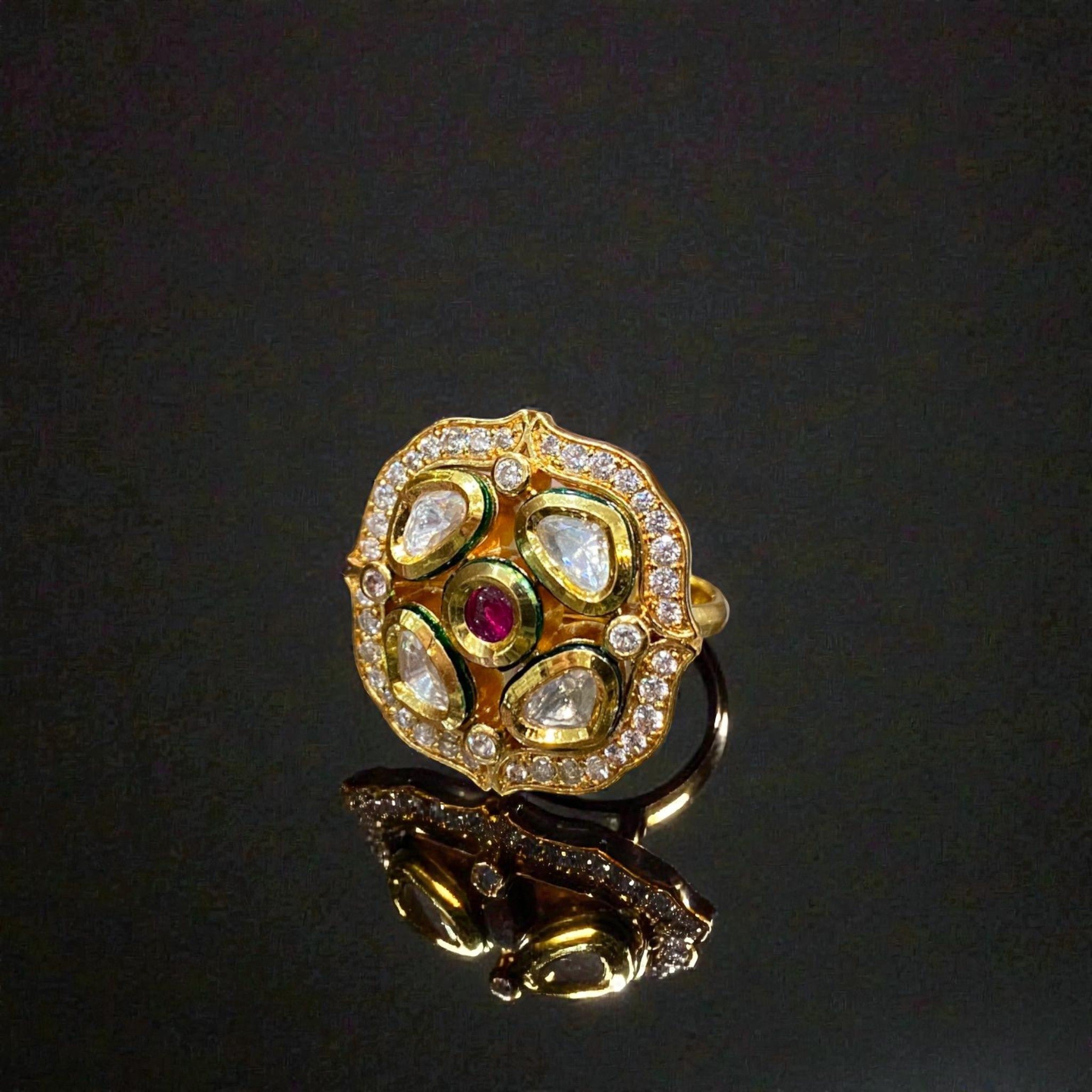 Ruby Centred Kundan Polki Halo Ring