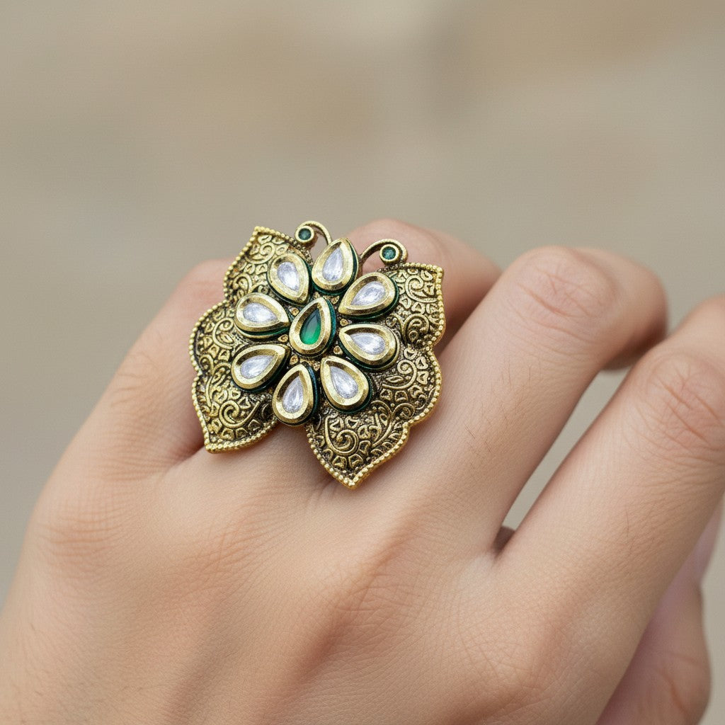 Antique Emerald Petal Kundan Statement Ring