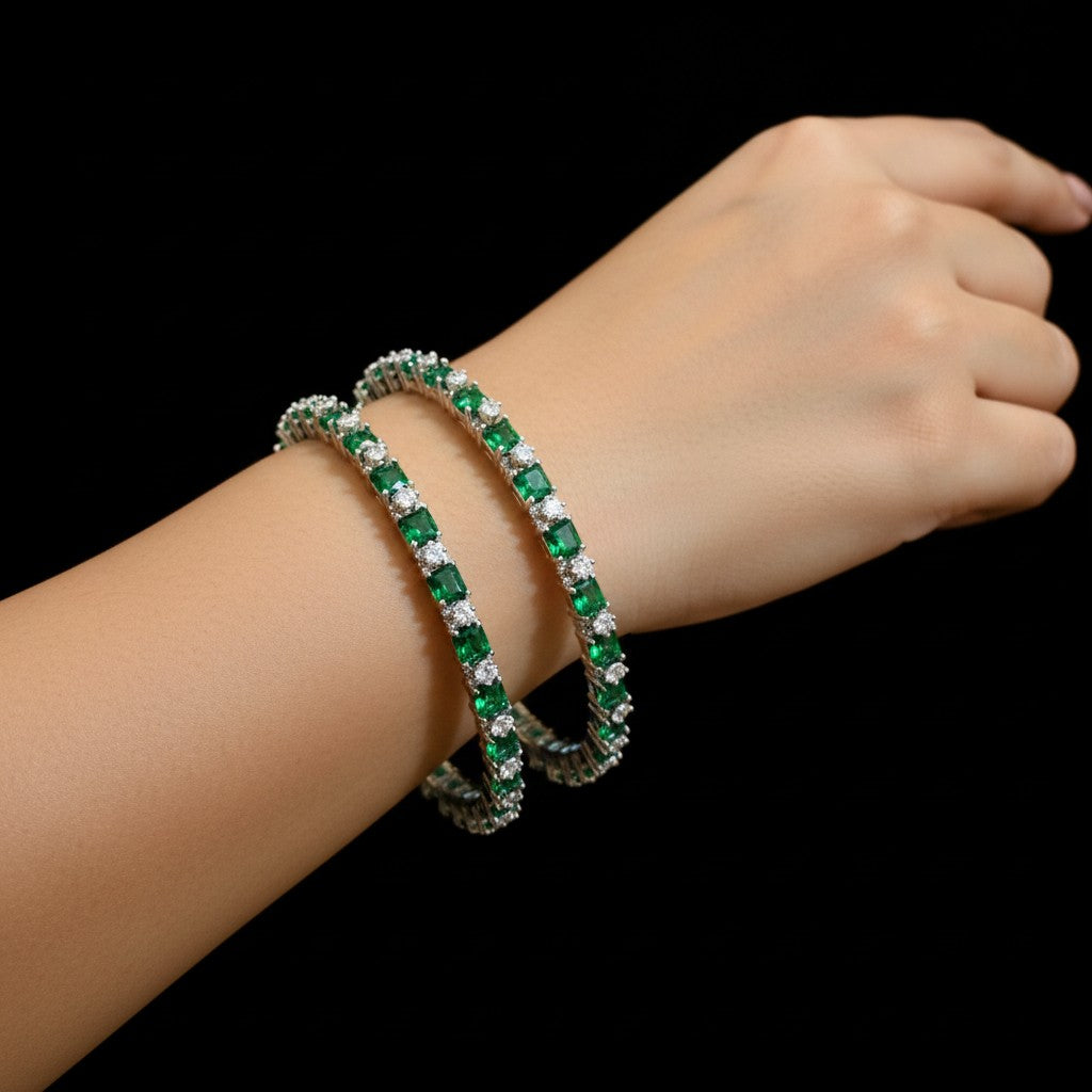 Emerald & American Diamond-Cut Sleek Stone Bangles