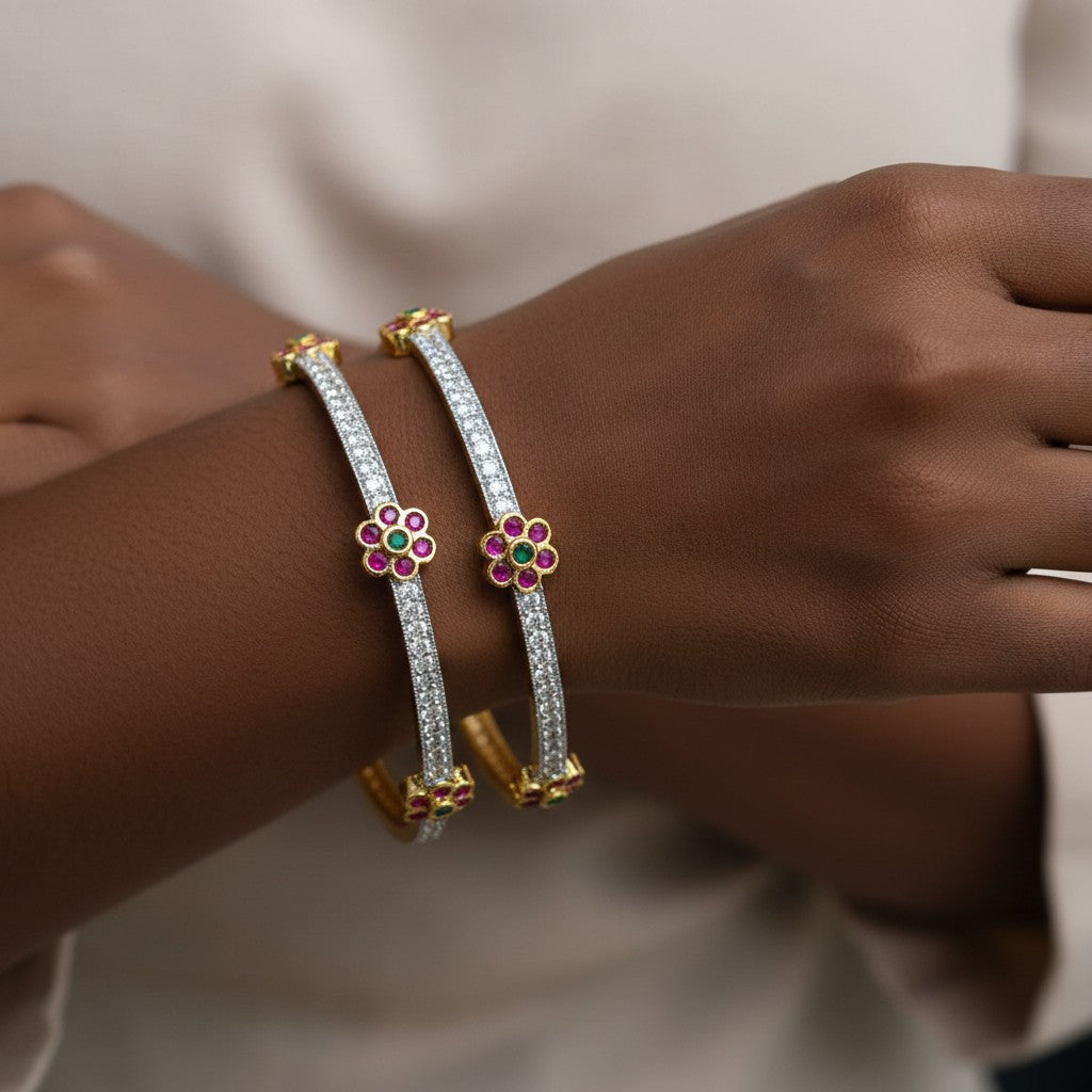Golden Floral Ruby-Crystal Bangles